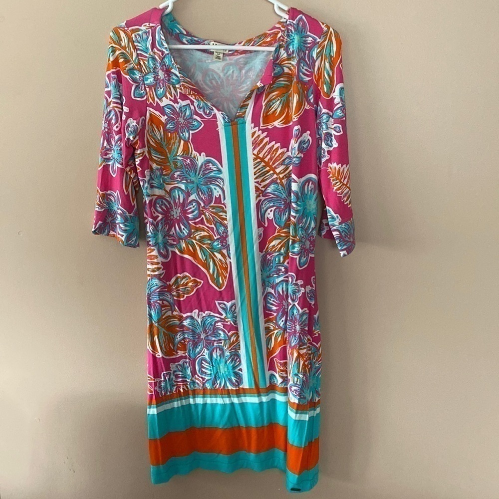 Hatley Pink Tropical Floral Midi Dress with Teal & Orange Accents